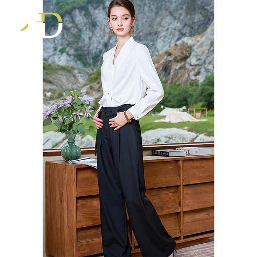 AD白色上衣轻熟法式小众长袖女衬衫时尚洋气阔腿裤显瘦两件套装裤 商品图3