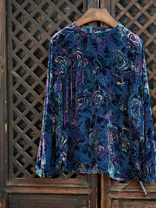 盛唐牡丹|抽象玫瑰丝绒偏襟上衣 商品图1