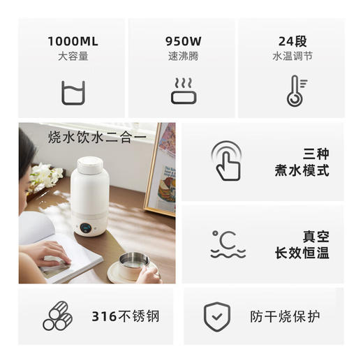 【小家电】BASSENS巴森便携式烧水壶旅行保温316不锈钢电热水壶便携式烧水杯大容量真空恒温壶加热水杯可除氯BS-B90 HF 商品图7