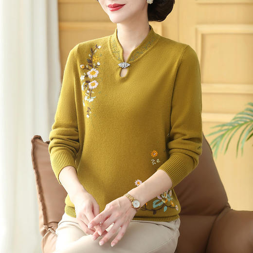 QYR203羊毛衫女100纯羊毛打底衫绣花结婚宴礼服中老年妈妈装秋冬毛衣 商品图1