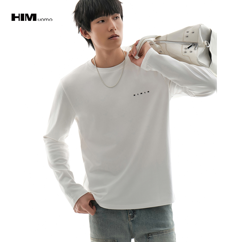 HIM漢崇  简约撞色立体绒面烧花亲肤舒适微弹休闲长袖T恤 2025秋季