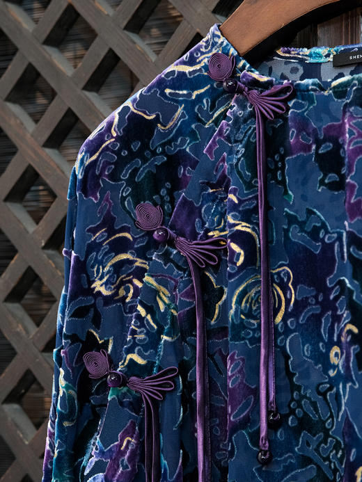 盛唐牡丹|抽象玫瑰丝绒偏襟上衣 商品图2