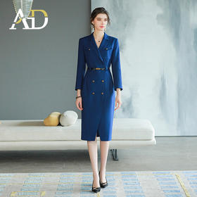 AD气质宝蓝色连衣裙女秋季新款双排扣西装裙中长款裙子干练职业装