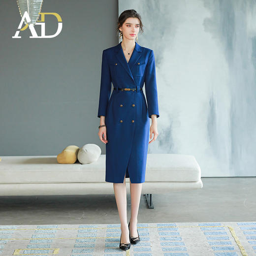 AD气质宝蓝色连衣裙女秋季新款双排扣西装裙中长款裙子干练职业装 商品图0