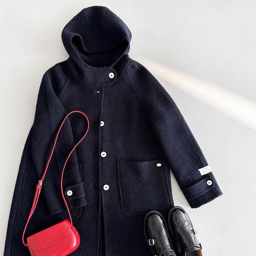 【月湾星湖】24新款藏蓝色时尚百搭显瘦连帽气质韩系毛呢大衣外套 商品图2