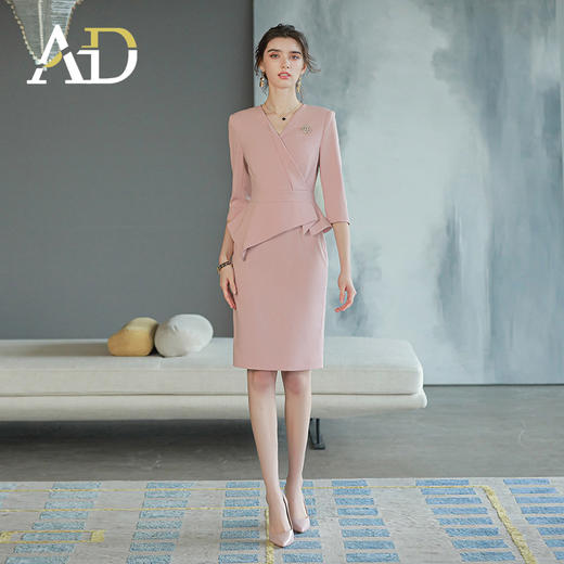 AD高级感粉色职业连衣裙女假两件工作服职业装高端前台接待工装裙 商品图2