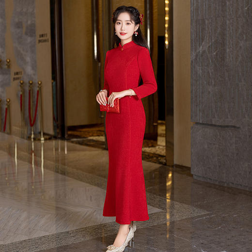 红色高级感鱼尾年轻款改良旗袍宴会礼服 ZQ60660 商品图1