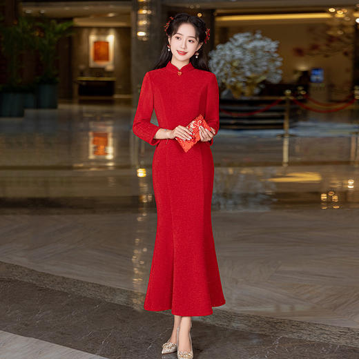 红色高级感鱼尾年轻款改良旗袍宴会礼服 ZQ60660 商品图2