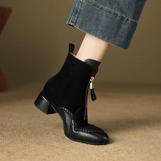【预售5天】保暖真皮圆头粗跟前拉链短靴女秋冬季新款低跟舒适马丁靴YCJX&H-6228 商品图1
