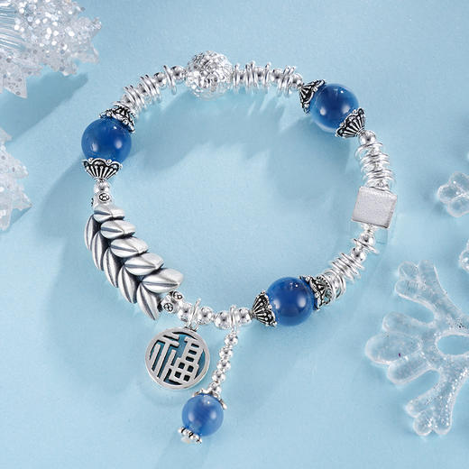 子佩集S925银【岁岁福生】手串【TSB0001-39】纯银手链糖心玛瑙麦穗福字蓝2411 商品图1