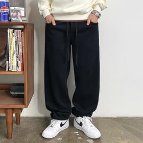 徐太浪黑色缉明线磨毛休闲裤男秋冬季潮流百搭宽松直筒运动裤长裤