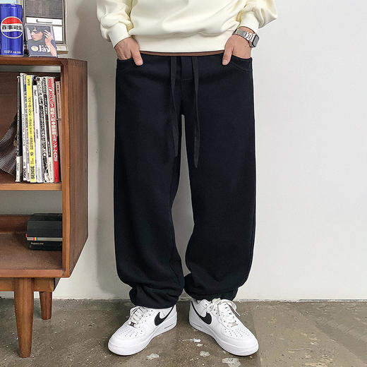 徐太浪黑色缉明线磨毛休闲裤男秋冬季潮流百搭宽松直筒运动裤长裤 商品图0