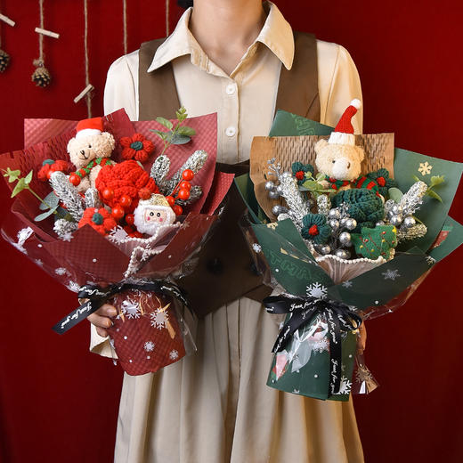 【圣诞专场】圣诞节礼物花束成品针织花 圣诞小熊送女友平安夜礼物花 商品图2