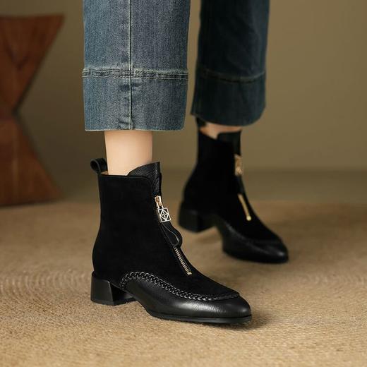 【预售5天】保暖真皮圆头粗跟前拉链短靴女秋冬季新款低跟舒适马丁靴YCJX&H-6228 商品图4