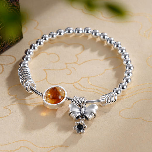 子佩集S925银【花开成诗】手串【TSB0001-43】纯银手链黄色琥珀蝴蝶结2411 商品图3