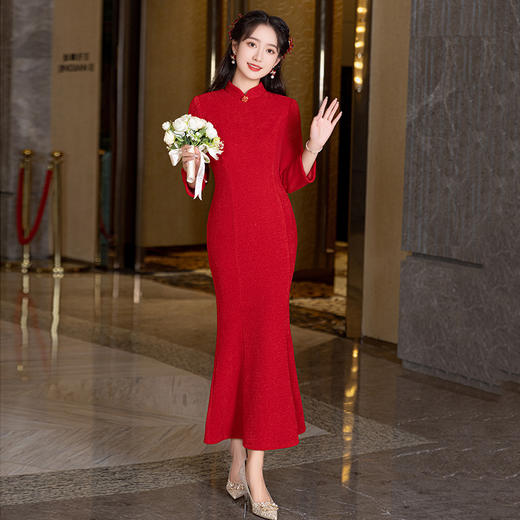 红色高级感鱼尾年轻款改良旗袍宴会礼服 ZQ60660 商品图0