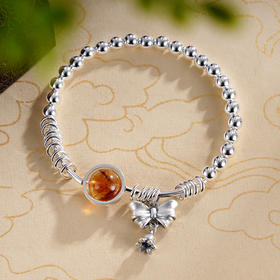 子佩集S925银【花开成诗】手串【TSB0001-43】纯银手链黄色琥珀蝴蝶结2411