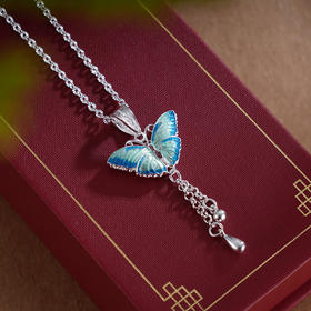 子佩集S990银【蓝翼仙蝶】套链【MXTL026】纯银珐琅彩花丝项链蝴蝶2411