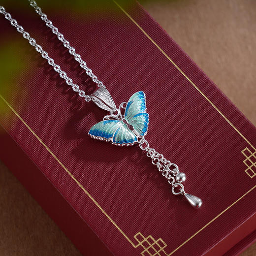子佩集S990银【蓝翼仙蝶】套链【MXTL026】纯银珐琅彩花丝项链蝴蝶2411 商品图1