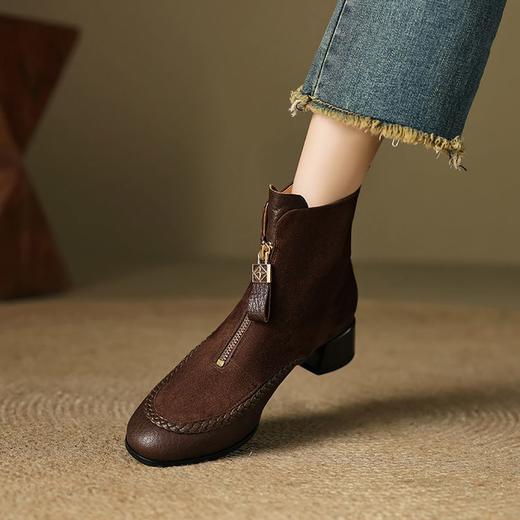 【预售5天】保暖真皮圆头粗跟前拉链短靴女秋冬季新款低跟舒适马丁靴YCJX&H-6228 商品图0