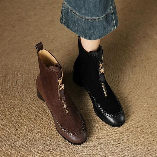 【预售5天】保暖真皮圆头粗跟前拉链短靴女秋冬季新款低跟舒适马丁靴YCJX&H-6228 商品图3
