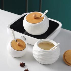 单个陶瓷调料罐厨房调味瓶罐盐罐带竹盖勺调味盒调味调料罐调味架