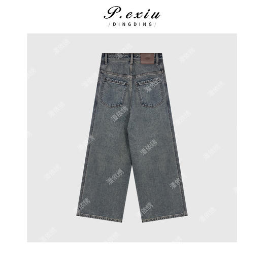 04-3潘依绣丁丁宠粉PanYiXiu/潘依绣复古蓝重工水洗磨绒阔腿牛仔裤 D6733 商品图2
