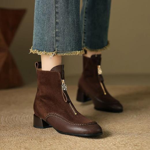 【预售5天】保暖真皮圆头粗跟前拉链短靴女秋冬季新款低跟舒适马丁靴YCJX&H-6228 商品图2