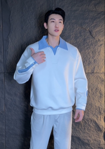 秋冬季新款时尚个性拼色POLO领假两件百搭宽松拼接长袖卫衣