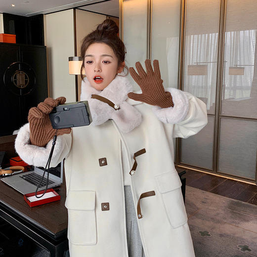 【GZ】无忧购法式温柔小香风珍珠纽扣毛毛围巾中长款毛呢外套9028# （截单后7天发货)25年清仓捡漏 商品图2