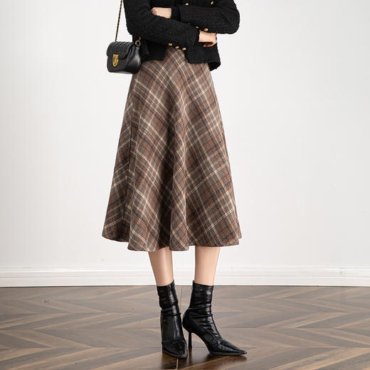 百媚生 高腰毛呢格子半身裙女冬季加厚保暖中长裙韩版宽松伞裙W3757 商品图1