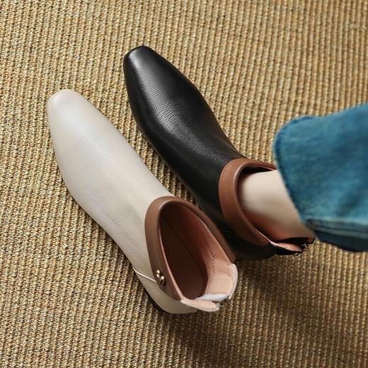 【预售5天】羊皮质感米白色小短靴秋冬新款方头粗跟瘦瘦靴拼色低跟时装靴LD&6911 商品图2