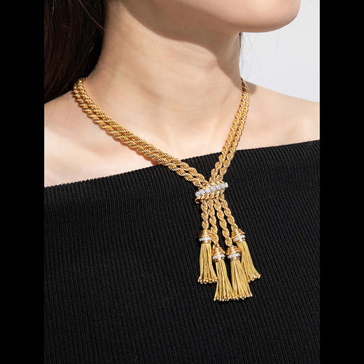 独角鹿西洋古董 1950年代法国出品黄金镶嵌钻石编织流苏造型苏托尔项链 商品图1