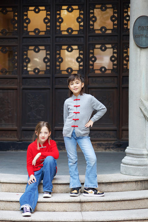 盛唐牡丹| 针织羊绒对襟盘扣儿童外套(10岁)-红灰可选 商品图2