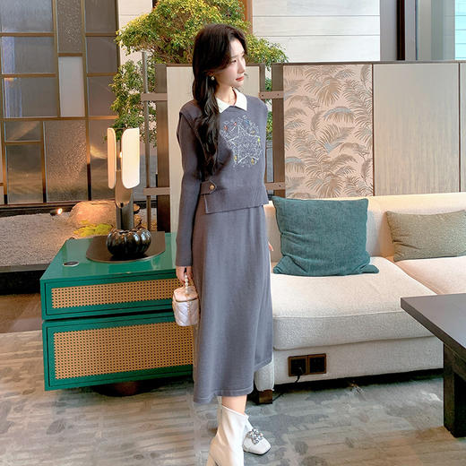 奢姿大码女装2025冬季气质POLO领套装胖妹妹马甲连衣裙针织两件套9844969272 商品图1