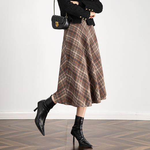 百媚生 高腰毛呢格子半身裙女冬季加厚保暖中长裙韩版宽松伞裙W3757 商品图2