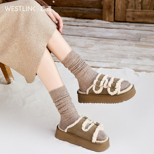 西遇勃肯鞋毛毛拖鞋女加绒新款冬季复古一字增高厚底外穿棉拖D4147843 商品图2