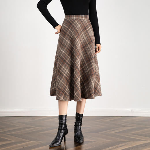 百媚生 高腰毛呢格子半身裙女冬季加厚保暖中长裙韩版宽松伞裙W3757 商品图5