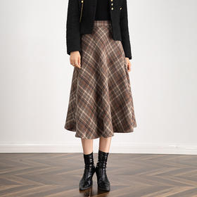 百媚生 高腰毛呢格子半身裙女冬季加厚保暖中长裙韩版宽松伞裙W3757