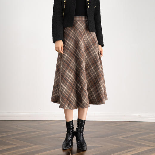 百媚生 高腰毛呢格子半身裙女冬季加厚保暖中长裙韩版宽松伞裙W3757 商品图0