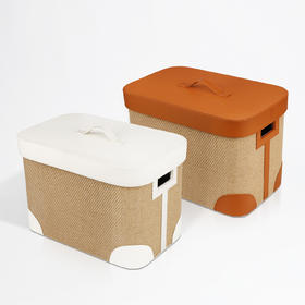 【米白/棕色】娜家皮质方形编织篓