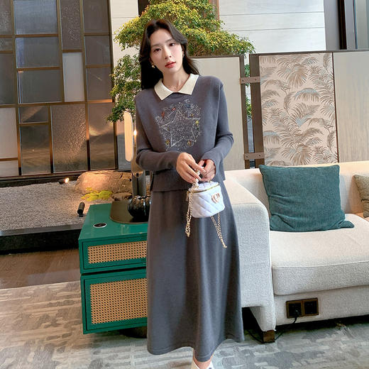 奢姿大码女装2025冬季气质POLO领套装胖妹妹马甲连衣裙针织两件套9844969272 商品图2