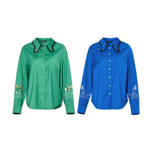 两三事 幽柔之境 2024冬季新款复古撞色荷叶边翻领印花长袖衬衫女 商品图4