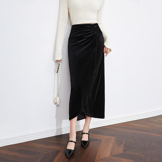 【高货wl】全新升级【铂金会员220/天猫299/差价79】(05822) 洛诗琳天鹅绒高腰开衩一步包臀法式女人味丝绒半身裙 商品图0