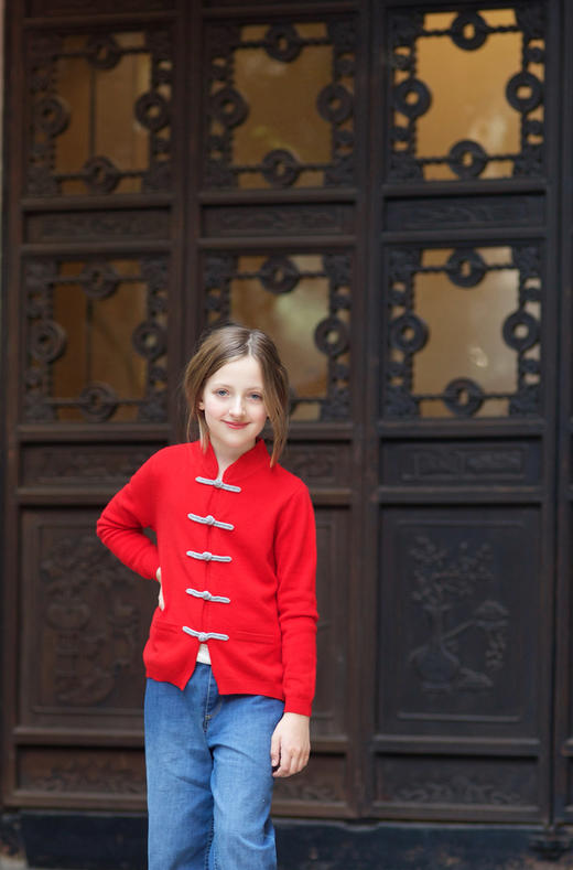 盛唐牡丹| 针织羊绒对襟盘扣儿童外套(10岁)-红灰可选 商品图1