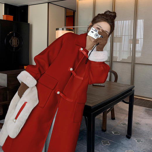 【GZ】无忧购法式温柔小香风珍珠纽扣毛毛围巾中长款毛呢外套9028# （截单后7天发货)25年清仓捡漏 商品图5