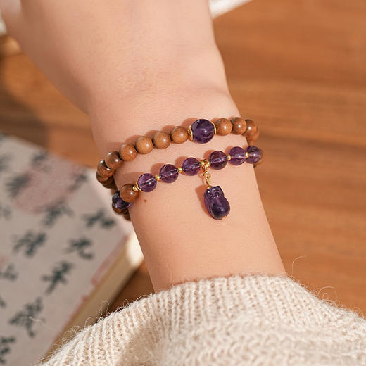 【暮山紫·老山檀紫水晶双圈手串·带证书】九紫离火敦煌福泽小众轻奢祈福老山檀手串 商品图0