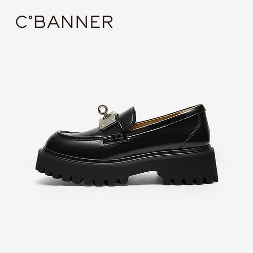 千百度厚底深口乐福鞋女款JK黑色通勤正装增高小皮鞋A25153951 商品图2