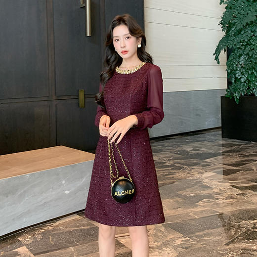 奢姿2025年秋季新款大码女装圆领小香风裙子胖妹妹拼接通勤连衣裙9943827357 商品图0