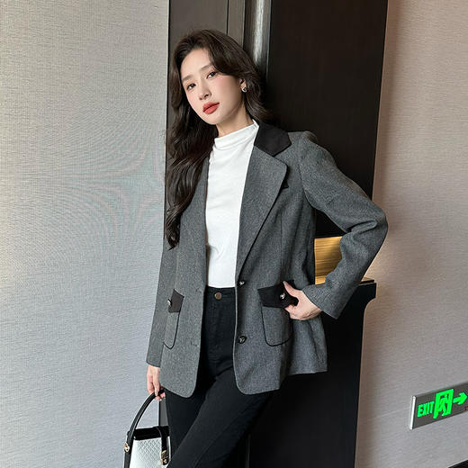 奢姿2025年秋季新款大码女装拼色戗驳领西服上衣胖妹妹休闲外套9943391660 商品图2